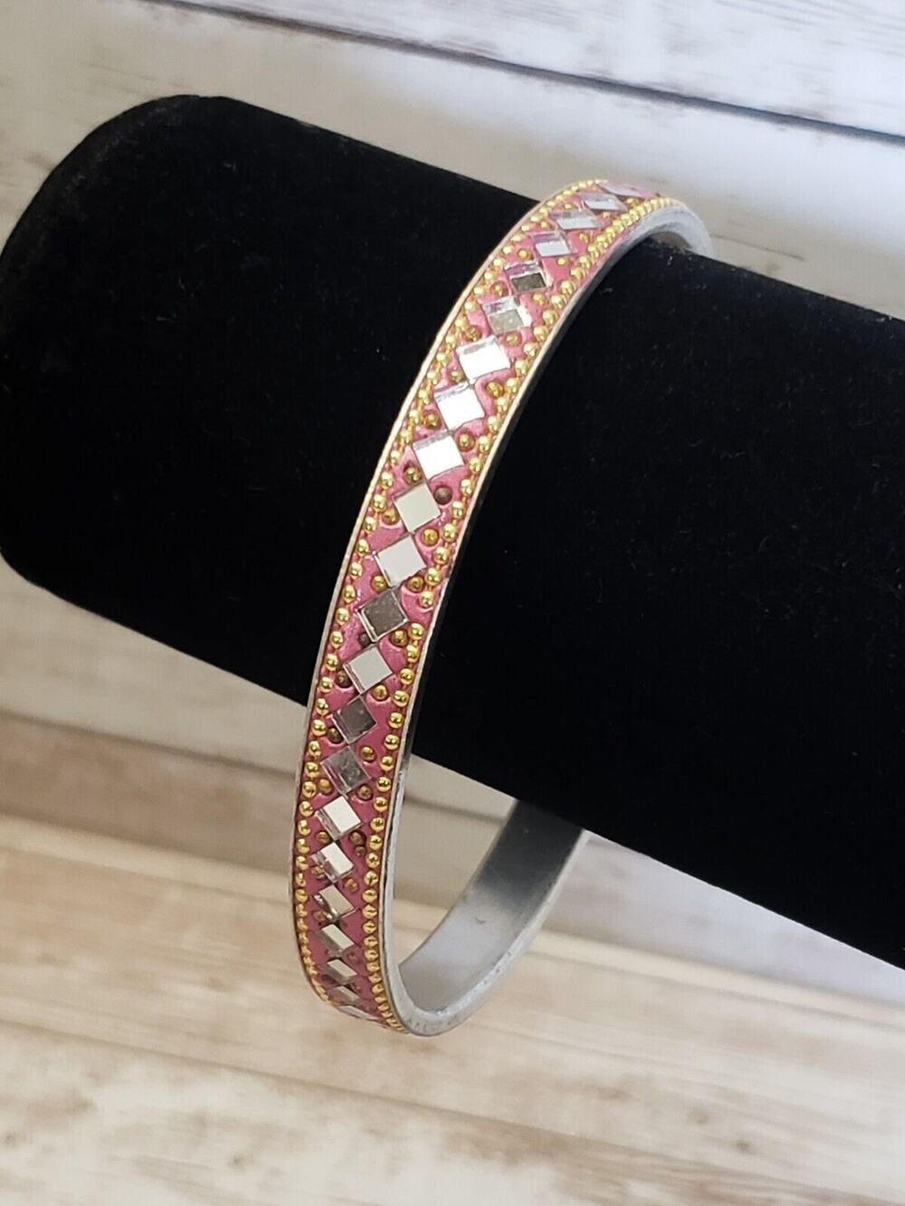 Vintage Bracelet / Bangle Pink Glitter with Mirrored Detail 8.5"